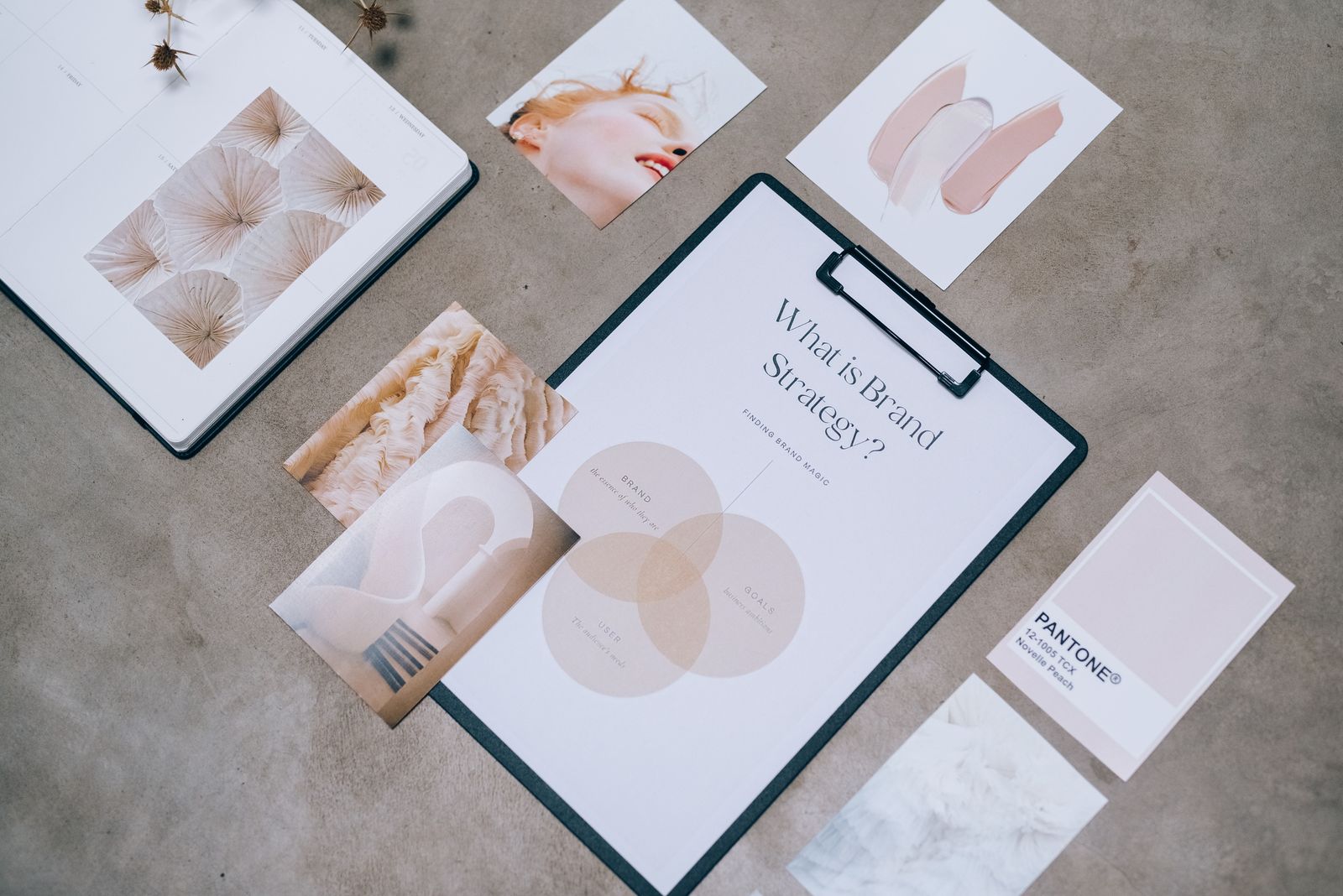 Illustrative photo of brand strategy documents on a desk