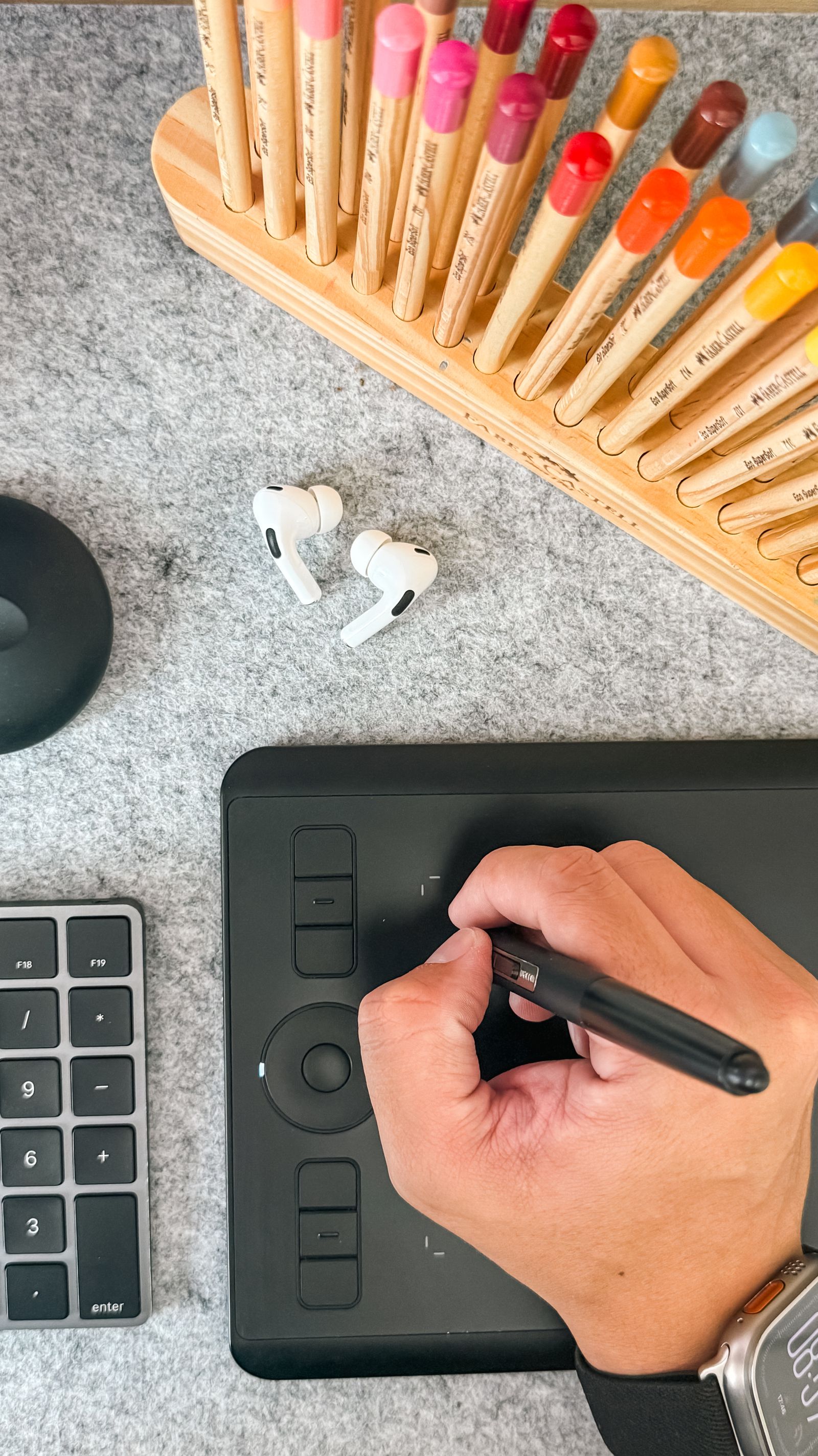 Illustrative photo of a creative workspace with digital drawing tools